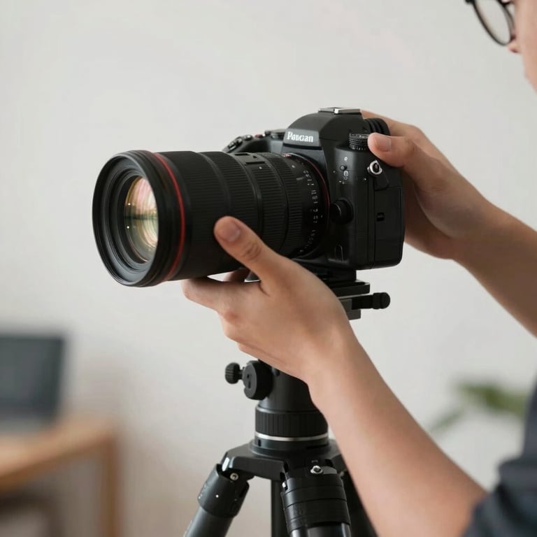 A professional content creator using a high-end camera in a bright studio setting, North American / US context.