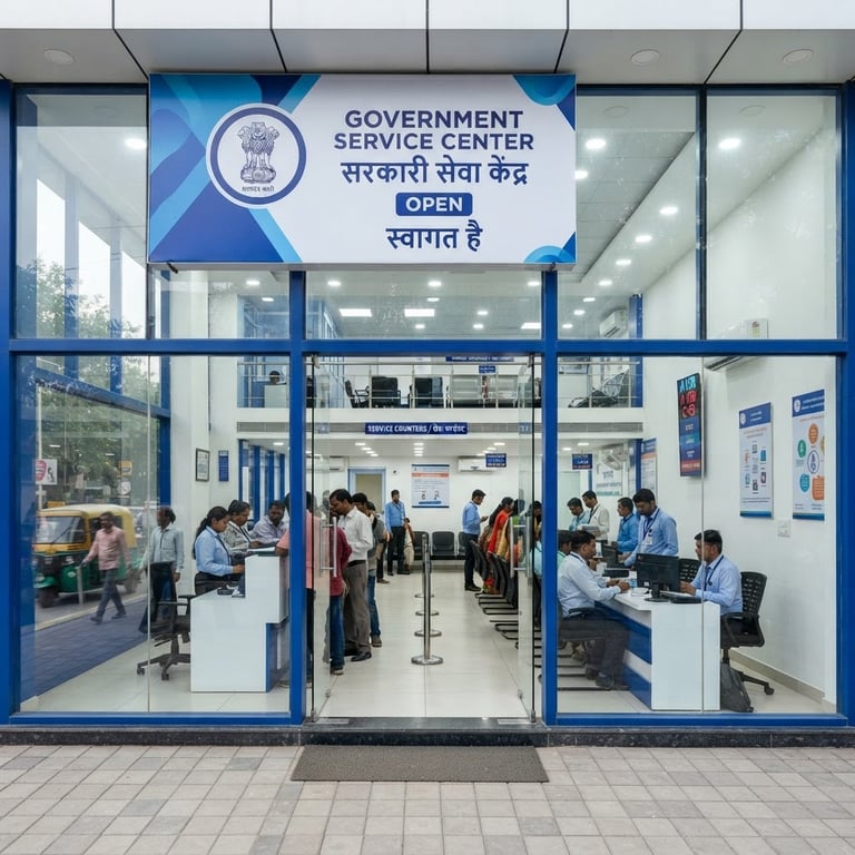 Straight-on eye-level photograph of a modern, bright, and organized government service center storefront in India, clean blue and white signage, professional atmosphere, daytime.