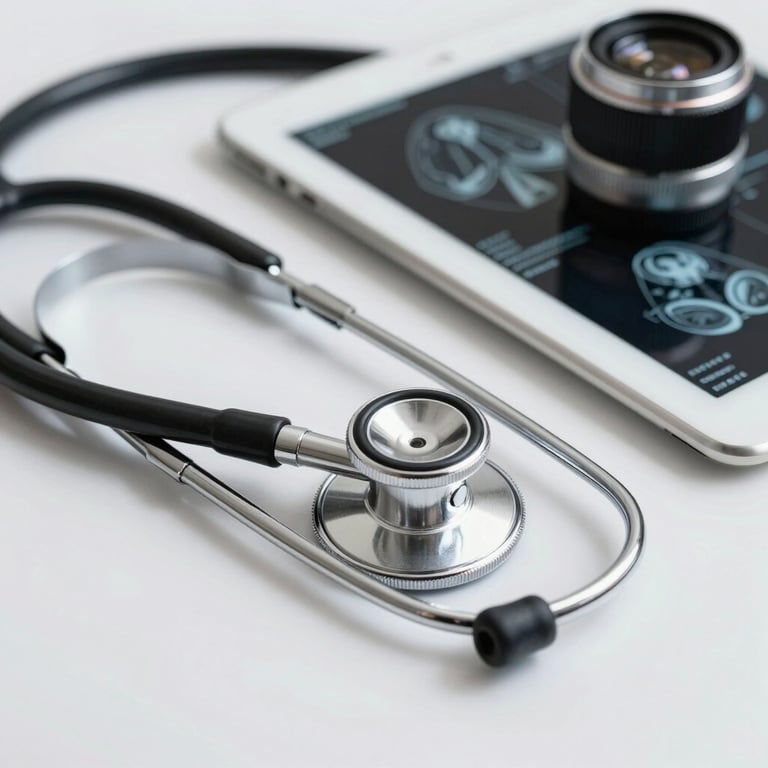 A silver stethoscope and a digital tablet with medical scans resting on a clean white desk surface.