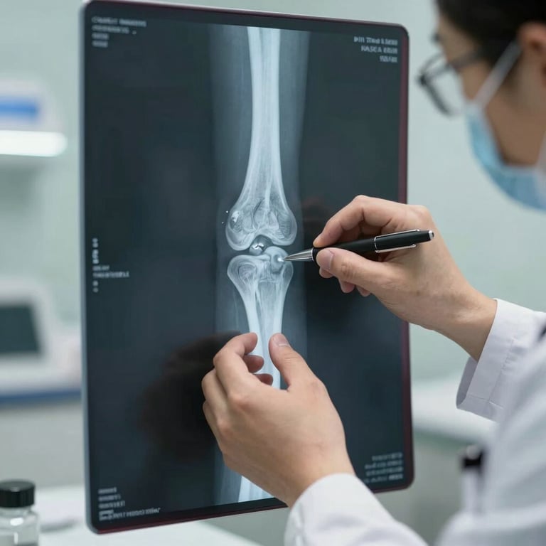 A detailed shot of an X-ray of a joint being analyzed by an orthopedist in a professional medical office.