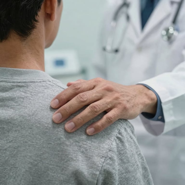 A close-up of a doctor's hand reassuringly placed on a patient's shoulder in a modern Latin American clinic setting.