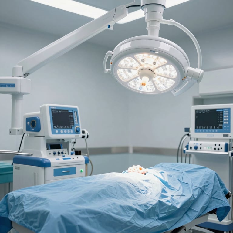 A clean, minimal surgical suite with advanced medical equipment and medical blue lighting accents.