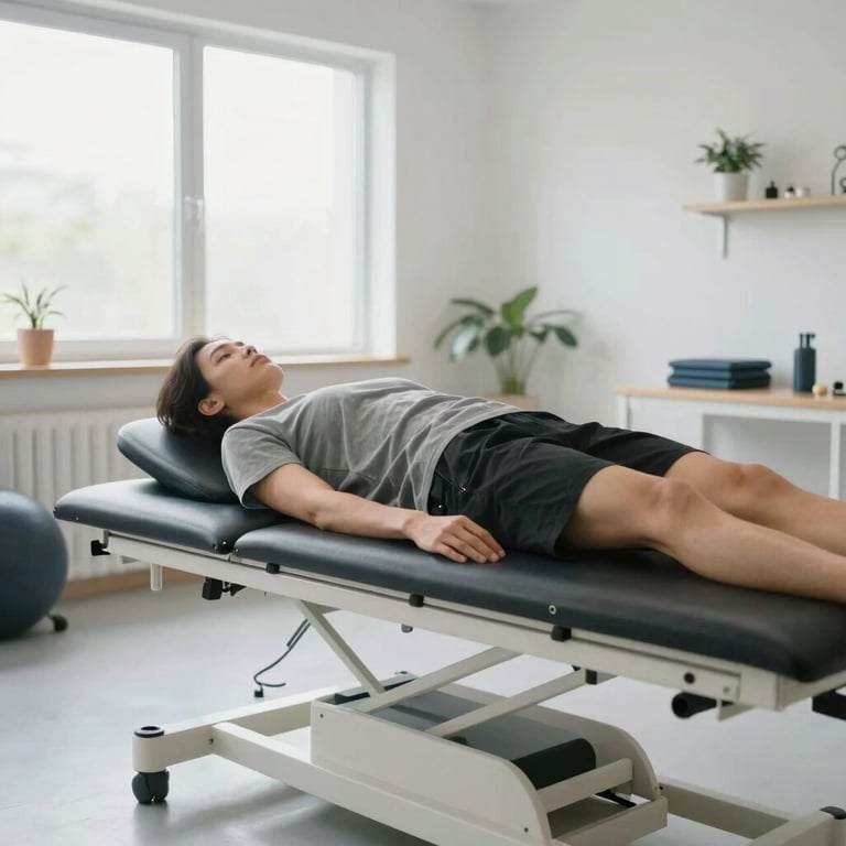 A patient comfortably performing light mobility exercises in a bright, modern rehabilitation room.
