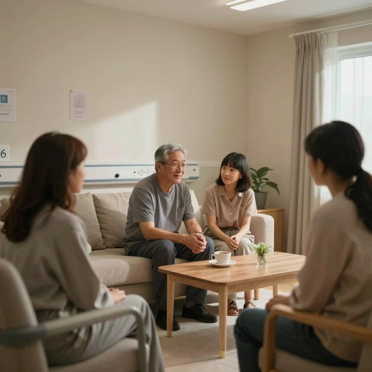 A serene and quiet room for palliative care with soft lighting and comfortable seating for families.
