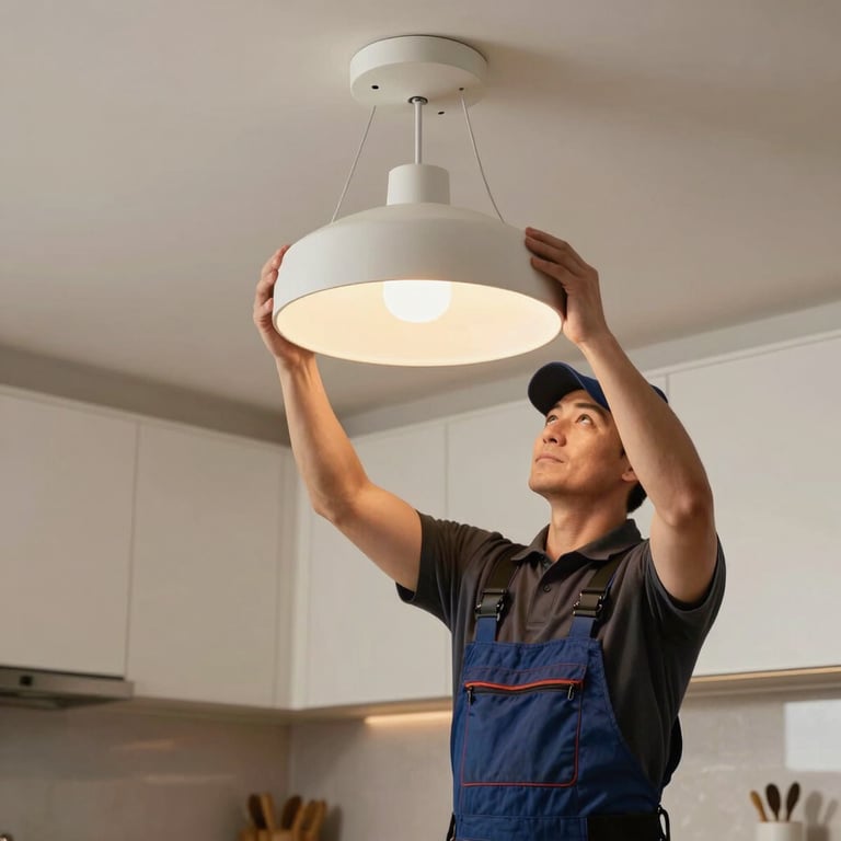 A professional electrician installing a modern, warm-toned pendant light in a North American kitchen.