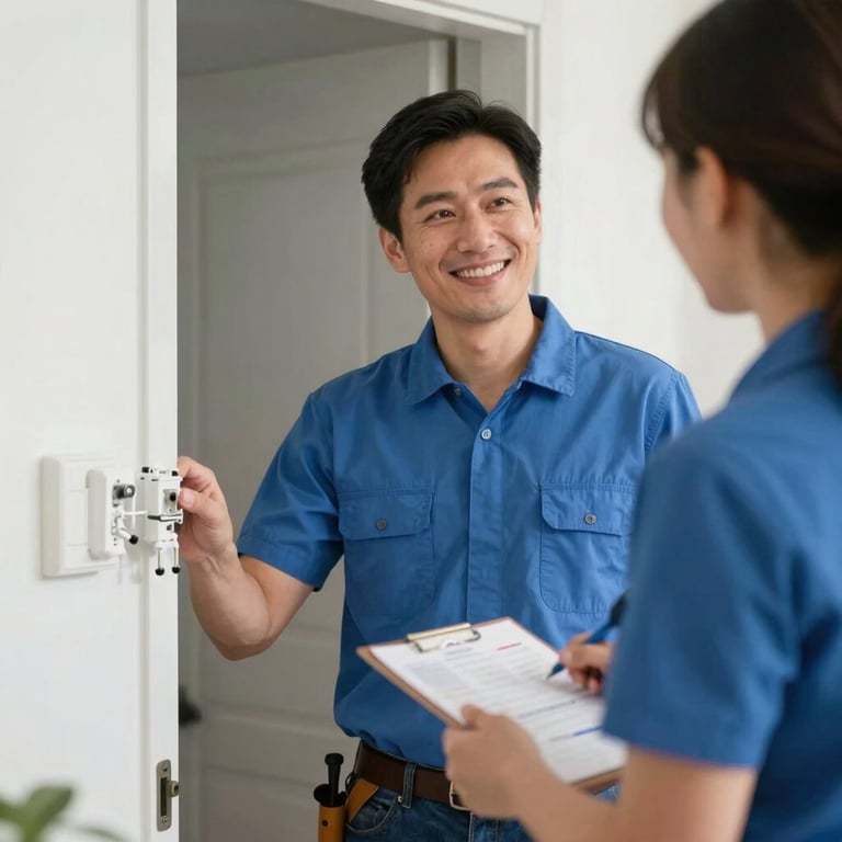 A friendly electrician in a soft blue shirt smiling and greeting a homeowner at the door.