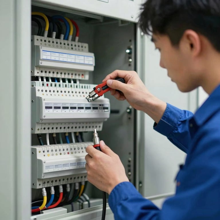 A technician carefully upgrading an electrical panel with high precision and safety tools.