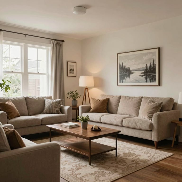 A well-lit, cozy North American living room showcasing beautiful interior lighting design.