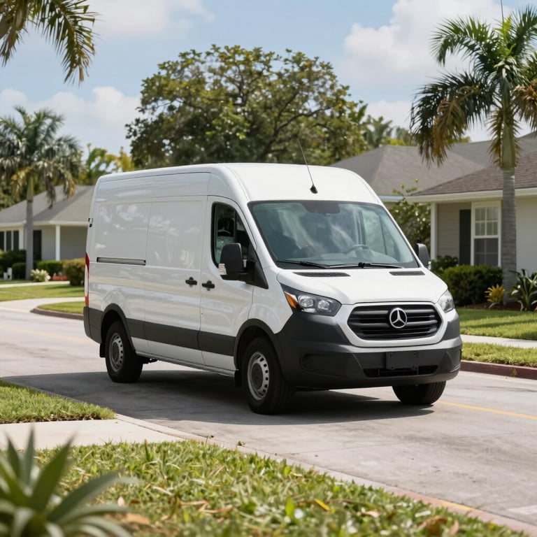 A professional service van driving through a peaceful, sunny Orlando neighborhood.