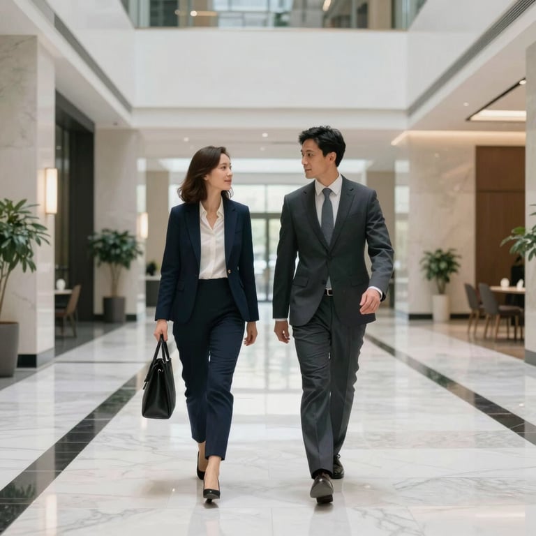 Photography of two business people walking through a bright, modern North American / US corporate lobby with white marble floors and jet black details.
