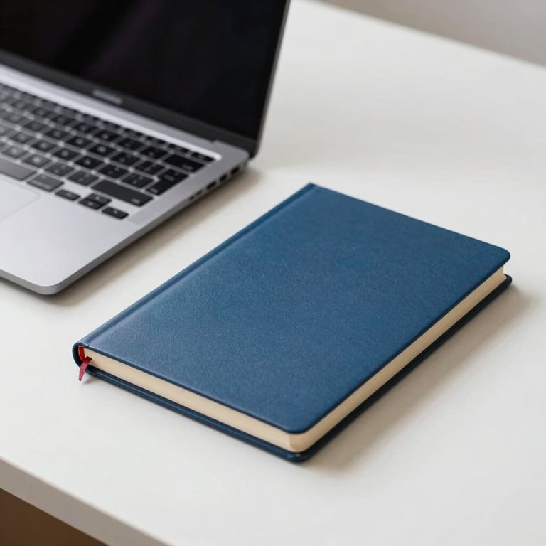 Photography of a minimalist desk setup with a laptop and a steel blue notebook in a bright North American / US creative studio.