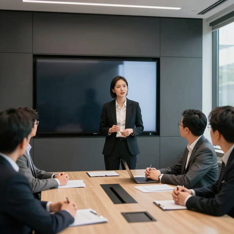 Photography of a professional presenting to a small group in a modern North American / US meeting room, sleek digital displays, jet black accents.