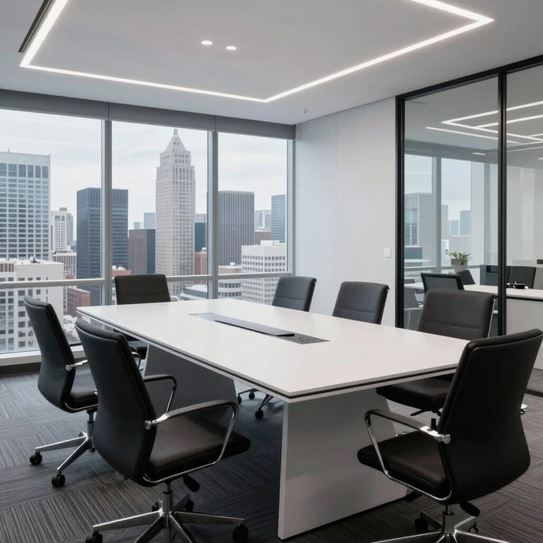 Photography of a high-tech North American / US boardroom with panoramic city views, minimalist white and jet black furniture, professional and innovative mood.