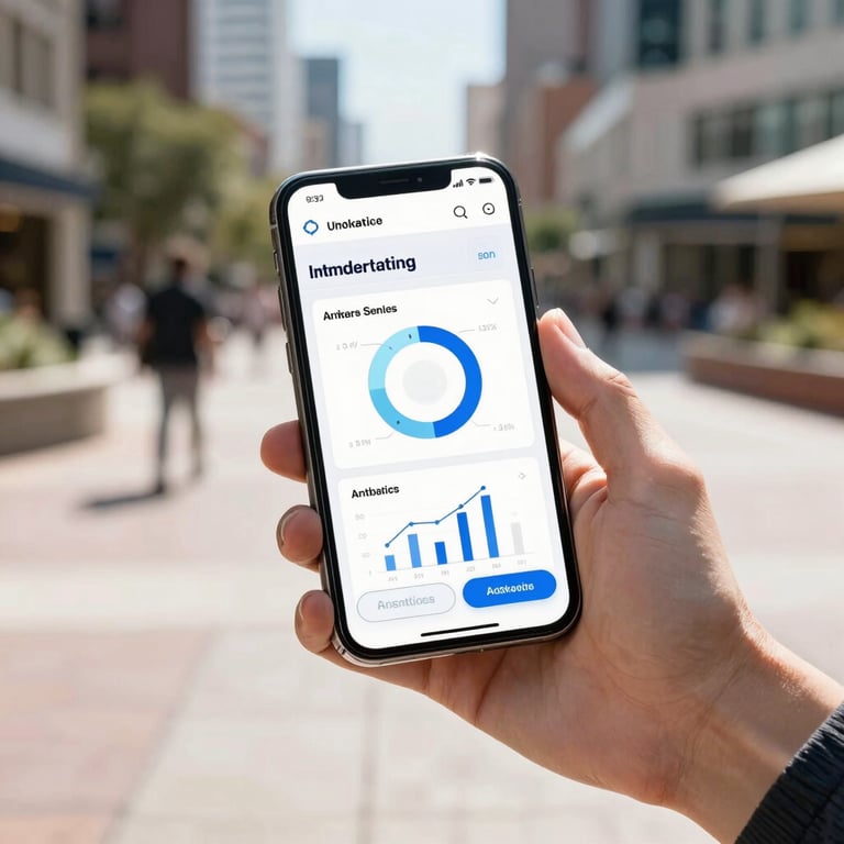 Photography of a modern smartphone displaying a clean marketing analytics dashboard, held by a professional in a sunny North American / US outdoor plaza.