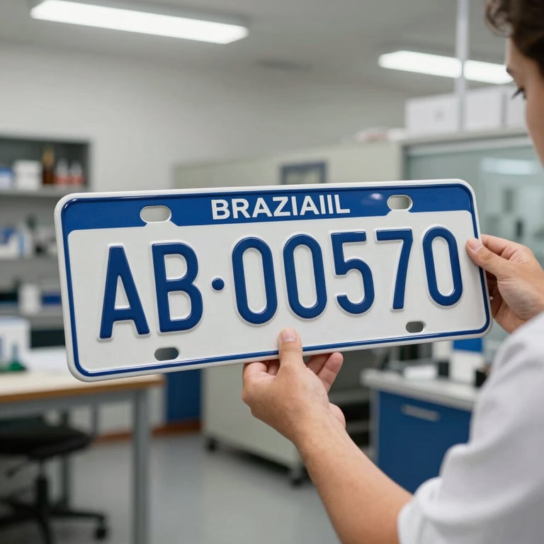 A modern Brazilian license plate held by a professional in a clean workshop, bright and sharp focus.