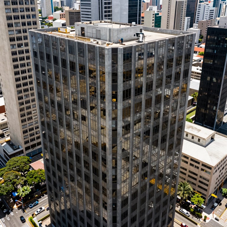 A high-angle shot of a modern city office building in South America, reflecting business reliability.