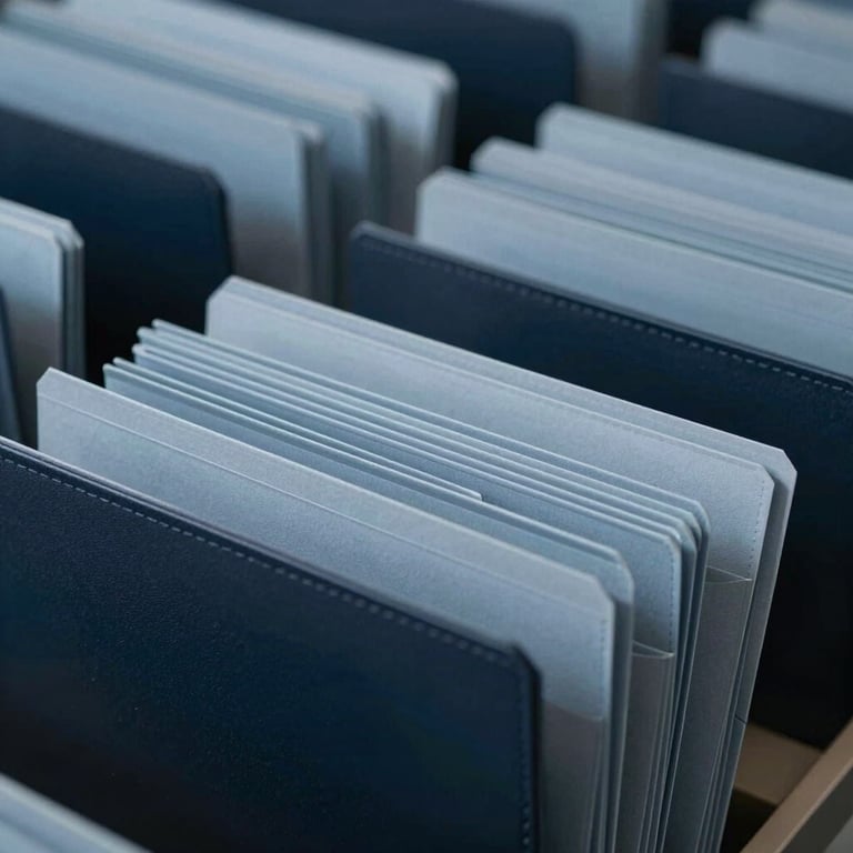 Close-up of organized vehicle document folders in dark navy and light blue-grey tones, representing order.