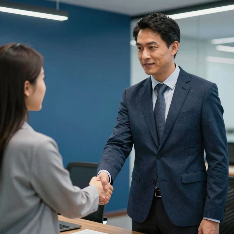 A consultant in professional South American attire shaking hands with a client in a modern steel blue office.