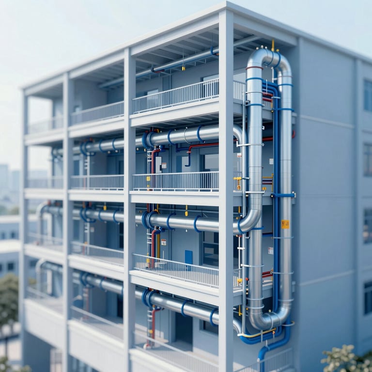 Interior cross-section of a commercial building showing detailed BIM modeling of HVAC and fire safety systems, using a professional blue-themed technical palette.