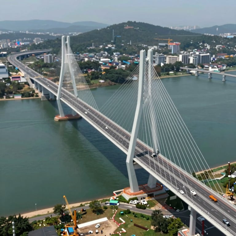 A 4D simulation screenshot showing the phased construction progress of a bridge project, highlighting temporal planning and innovative BIM management.