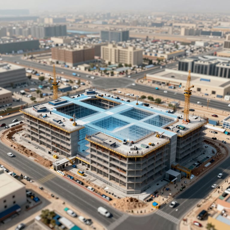Aerial view of a BIM-integrated construction site in Dubai, showing a digital overlay of the planned structure on top of the physical foundation.