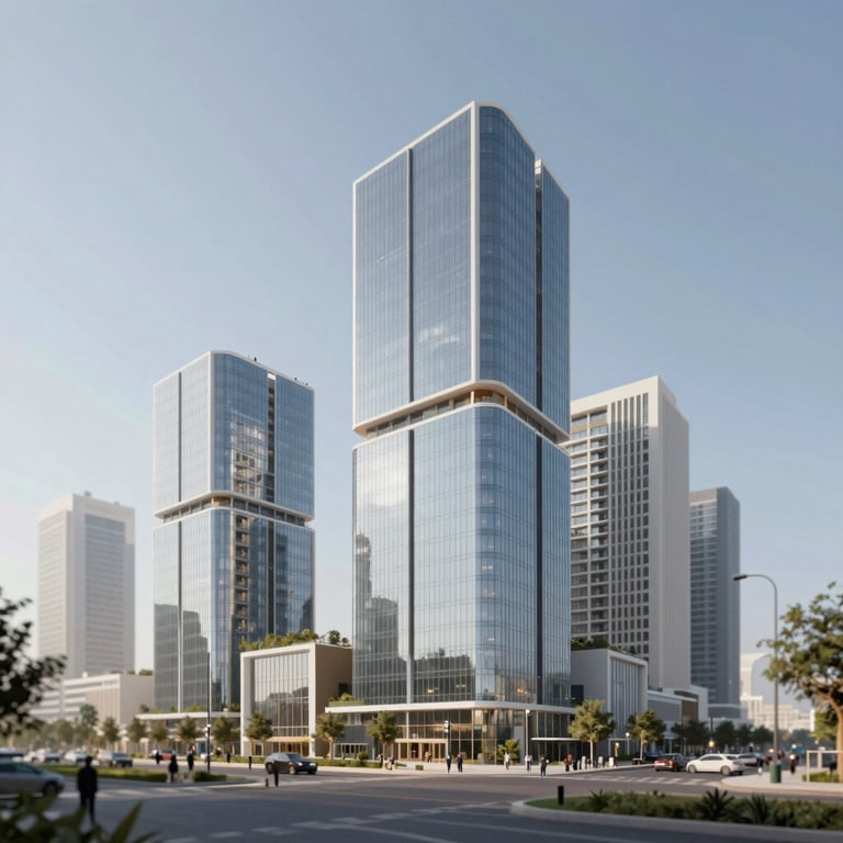 A high-definition architectural visualization of a sustainable mixed-use development in Masdar City, focusing on clean lines and modern glass textures.