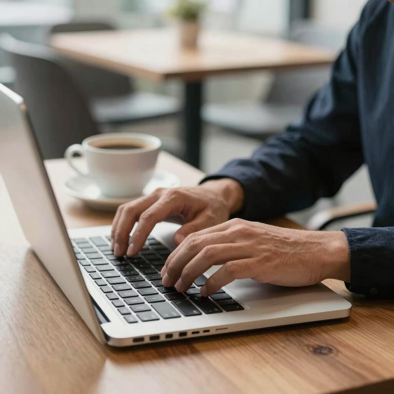 A professional's hands typing on a laptop with a cup of coffee in a bright North American / US co-working space.