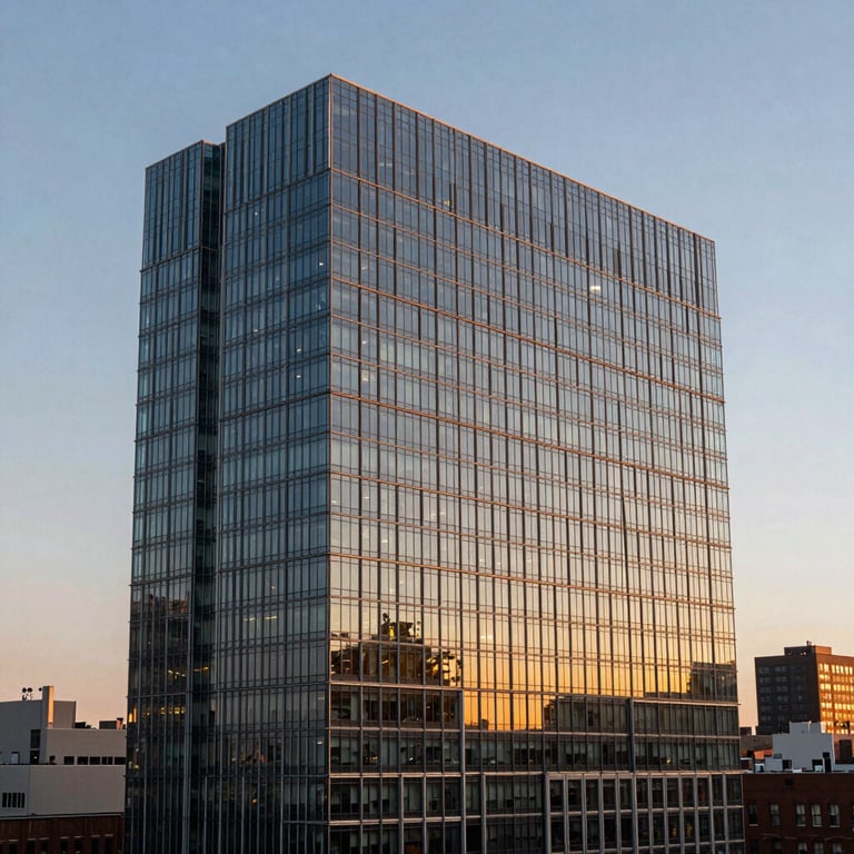 Architecture of a modern glass office building in a major North American / US city at sunset.