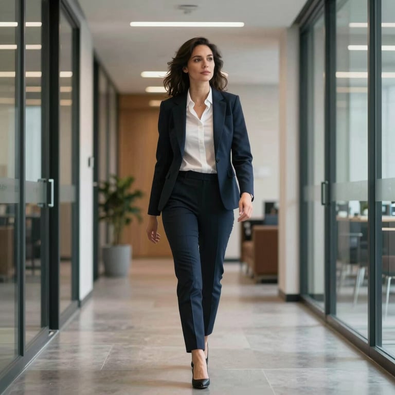 A confident professional in business attire walking through a modern North American / US office hallway.