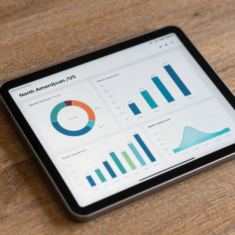 Detail shot of a sleek tablet displaying marketing analytics in a North American / US corporate setting.