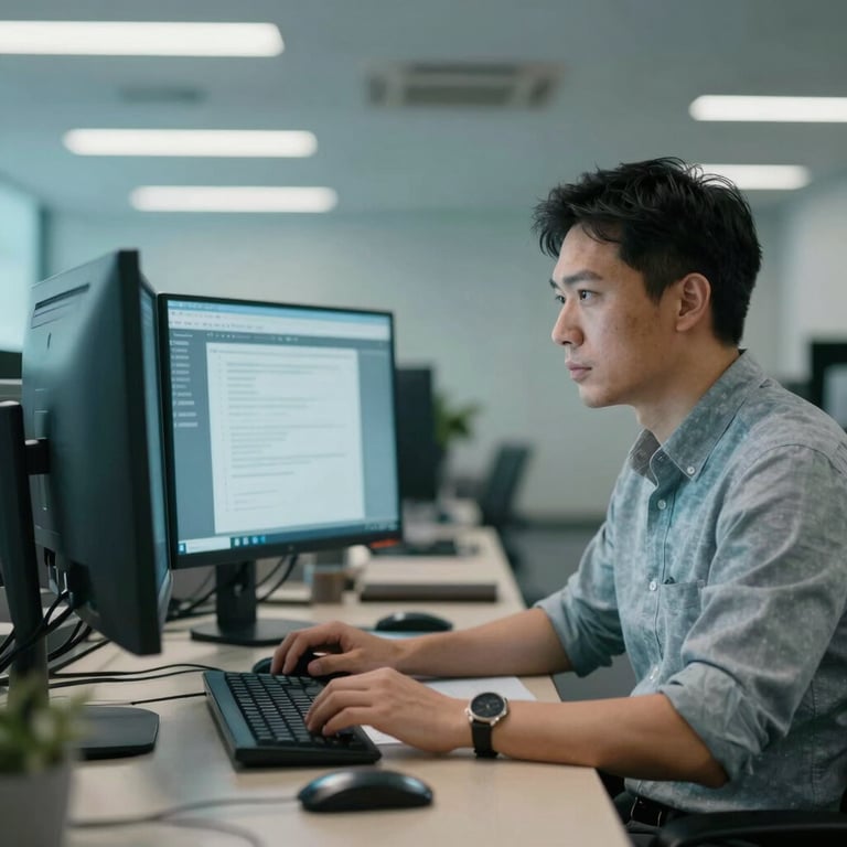 A focused professional in a North American / US office environment using a dual-monitor setup with soft cyan lighting.