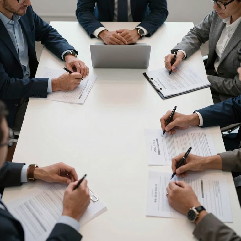 Overhead view of a collaborative marketing strategy session on a white table in a North American / US workspace.