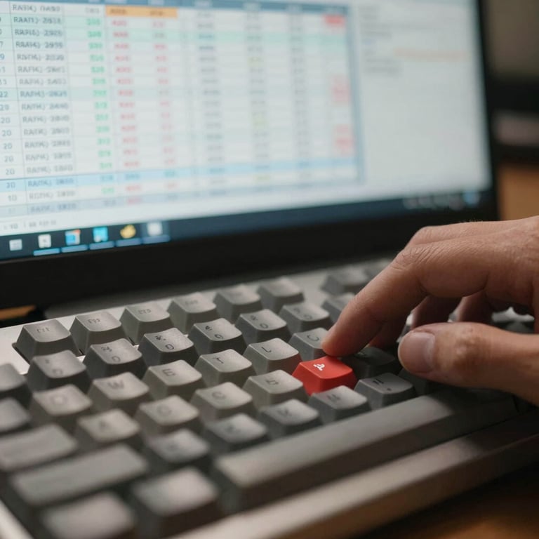 Macro tight crop of a mechanical keyboard and a hand executing a trade, with a blurred background of a spreadsheet trade log showing precise risk metrics on a monitor.
