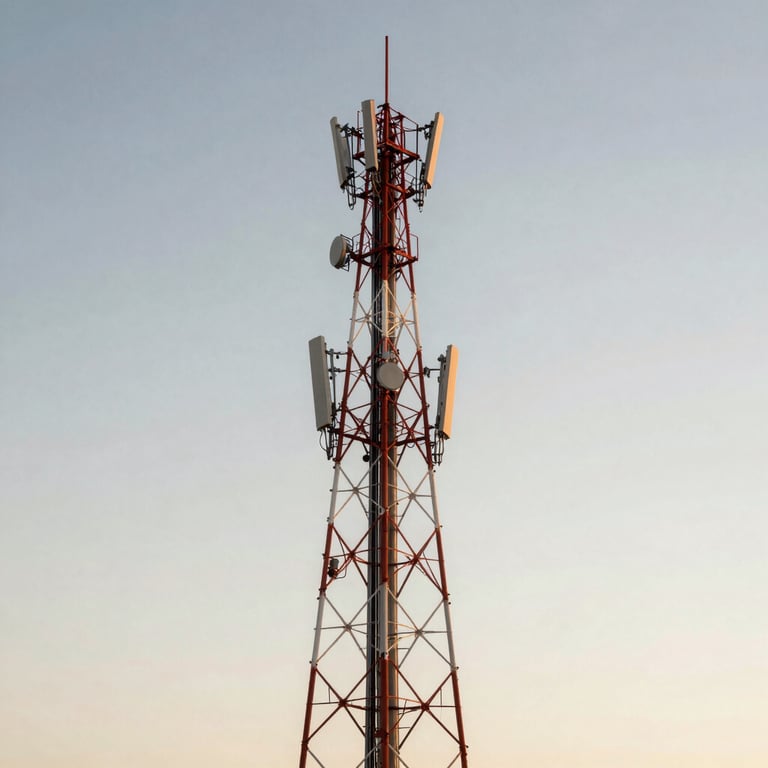 A wide shot of a telecommunications tower standing tall against a clear Pale Ice White sky during the golden hour.