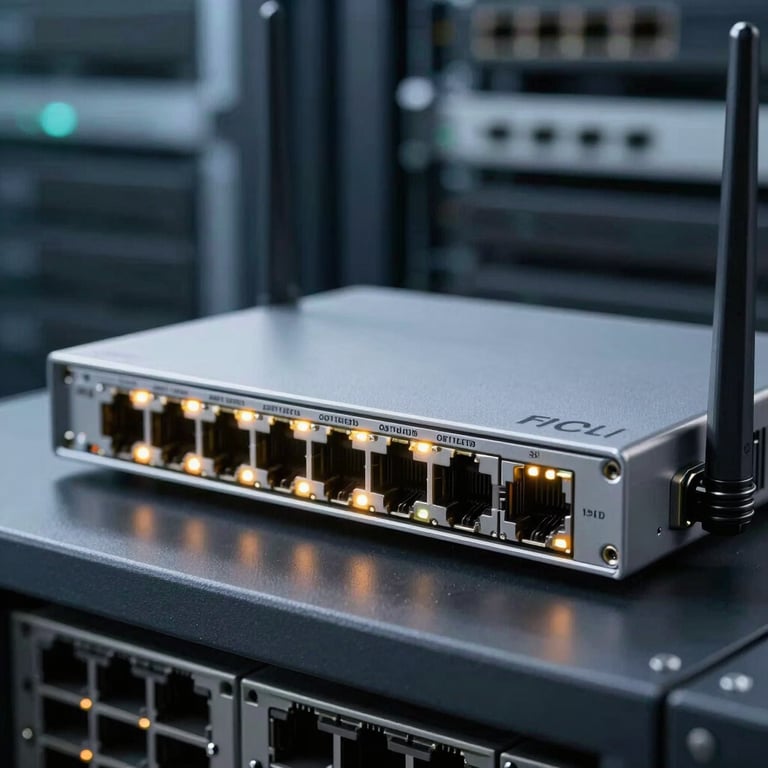 Close-up of a high-end networking router with active blinking lights in a sterile, sophisticated data center environment.