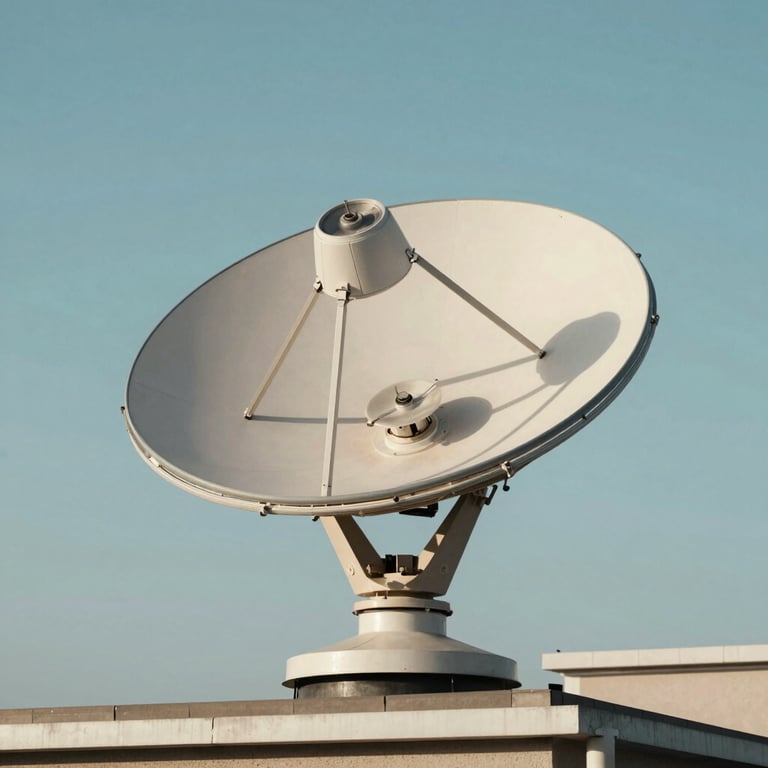 Modern satellite equipment on a rooftop, clean composition with Soft Celadon Blue sky in the background.