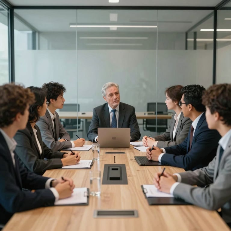 A group of diverse professionals having a focused strategic meeting in a glass-walled conference room.