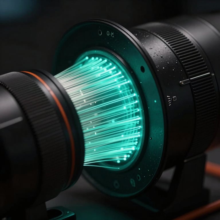 Close-up of high-speed fiber optic cables glowing with a soft Forest Teal light in a dark, professional setting.