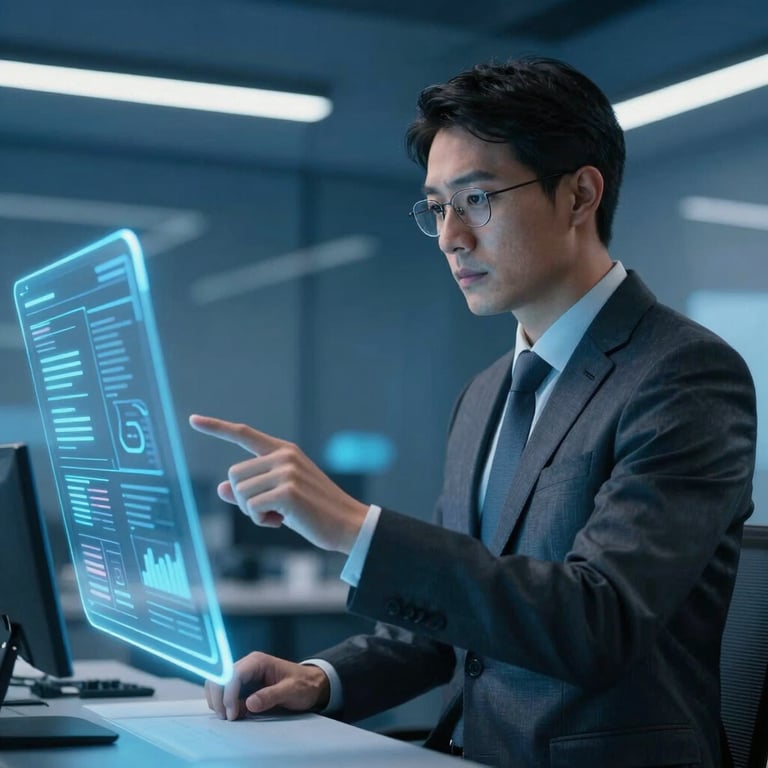 A professional IT consultant in a sharp suit pointing at a holographic digital interface in a Deep Slate Blue toned office.