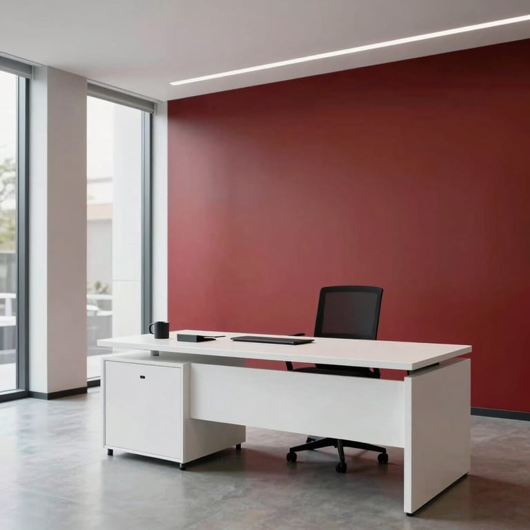 An efficient, clean office lobby with a minimalist white desk and a subtle red accent wall in the background.