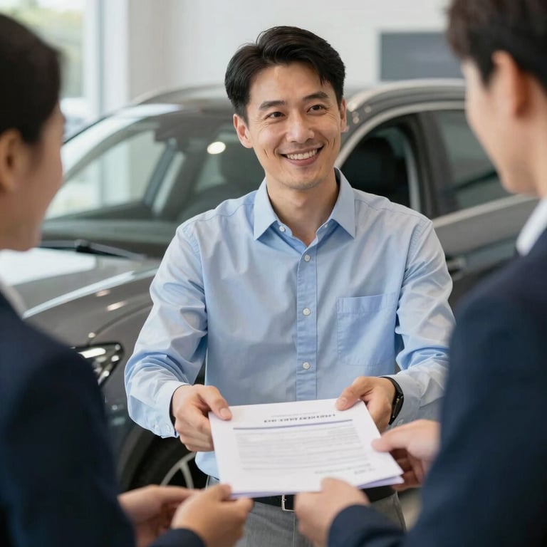 A car dealer smiling while handing over organized documents to a client in a professional, bright showroom setting.