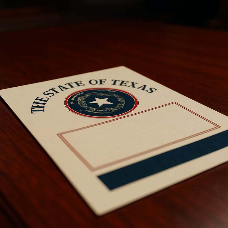 Close-up of a Texas state document on a high-end mahogany desk, shallow depth of field, red and deep navy blue accents.
