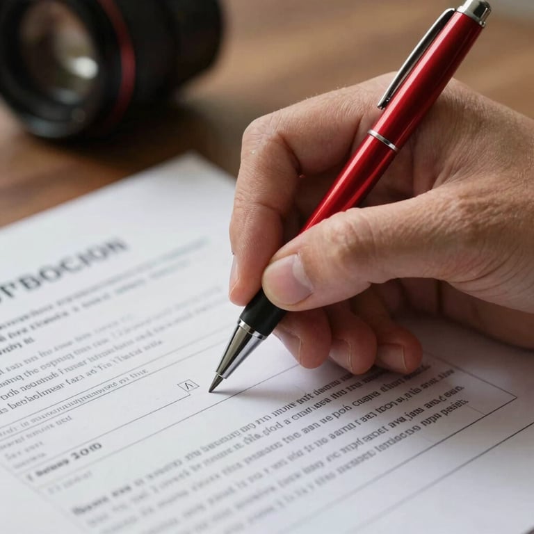 A professional's hand precisely filling out an official form with a premium red pen, focusing on efficiency and accuracy.