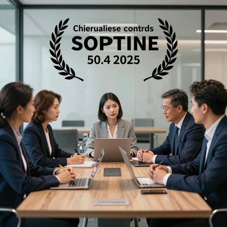 A group of diverse professionals in deep navy blue and light gray attire having a productive meeting in a glass-walled conference room.