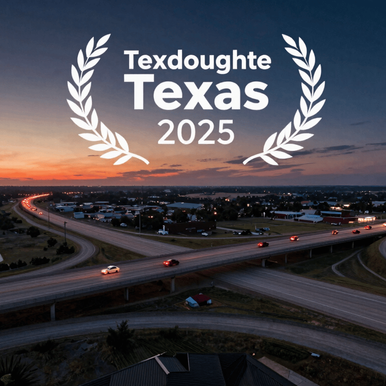 A modern skyscraper in a Texas city against a clear blue sky, professional architectural photography with deep navy blue tones.