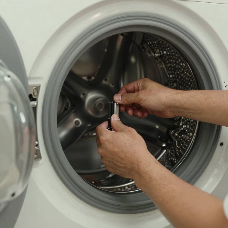 Skilled repair of a commercial-grade washing machine, focusing on mechanical parts and expert workmanship, off-white background.