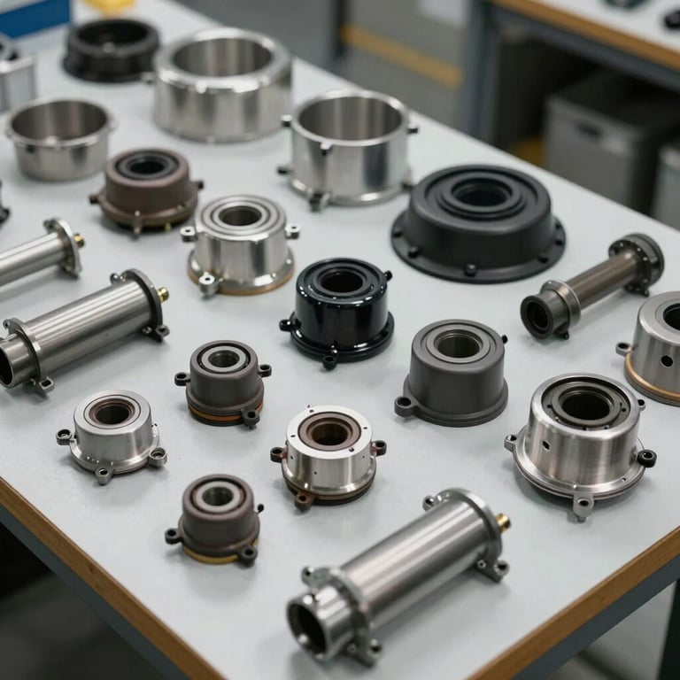 A collection of high-quality replacement parts for major appliances arranged neatly on a workbench, reflecting durability and expertise.