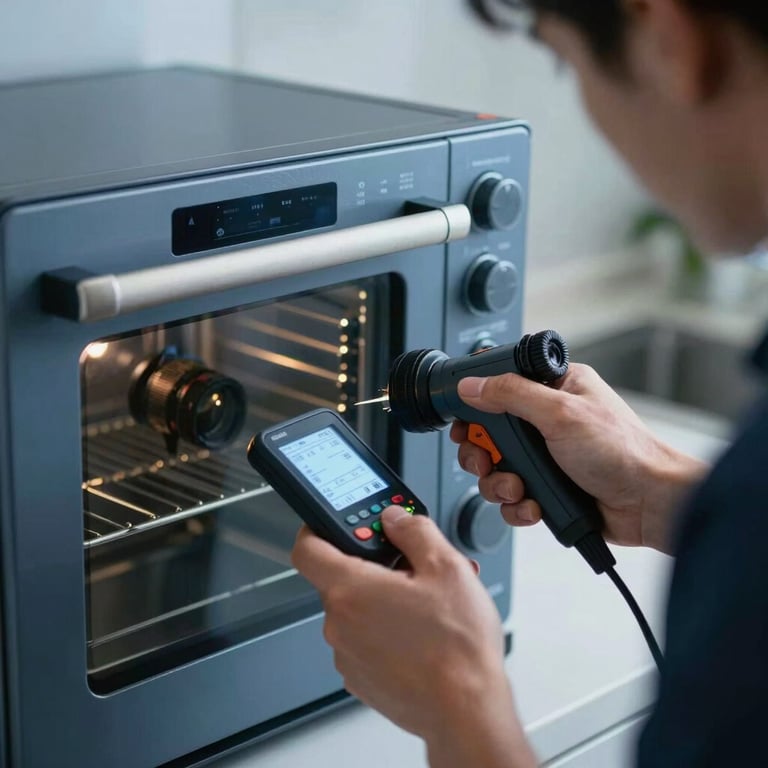 A technician carefully calibrating a built-in kitchen oven with specialized digital tools, high-quality lighting, professional blue tones.