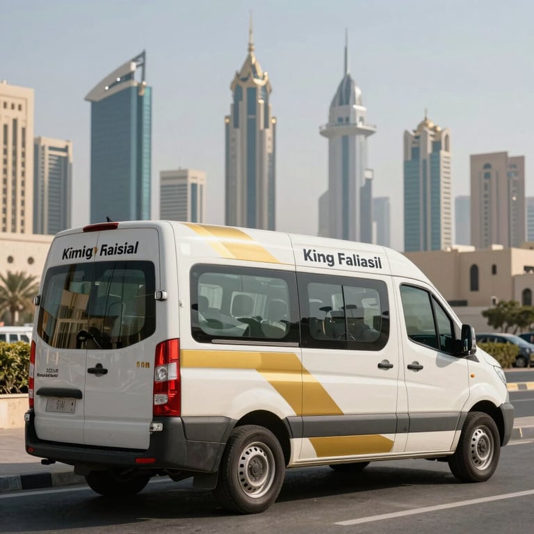 A clean service van with gold accents parked near the King Faisal Street skyline in Sharjah, symbolizing prompt and reliable response.
