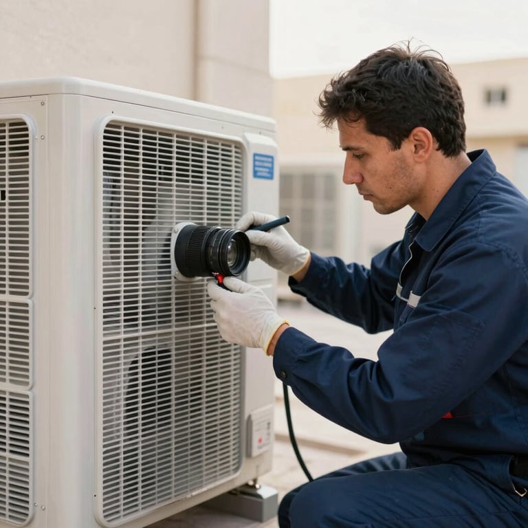 A technician performing expert maintenance on a residential air conditioning unit in Sharjah, soft morning light, navy blue uniform.